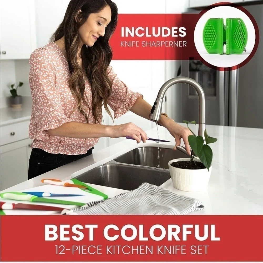 Brand New Colorful 12-Piece Kitchen Stainless Steel Knife Set w/ Cutting Board